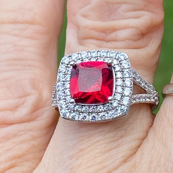 Simulated Ruby ring .925 Sterling Silver 10 mm Ruby surrounded 2 layers CZ sz 7 - Picture 9 of 16